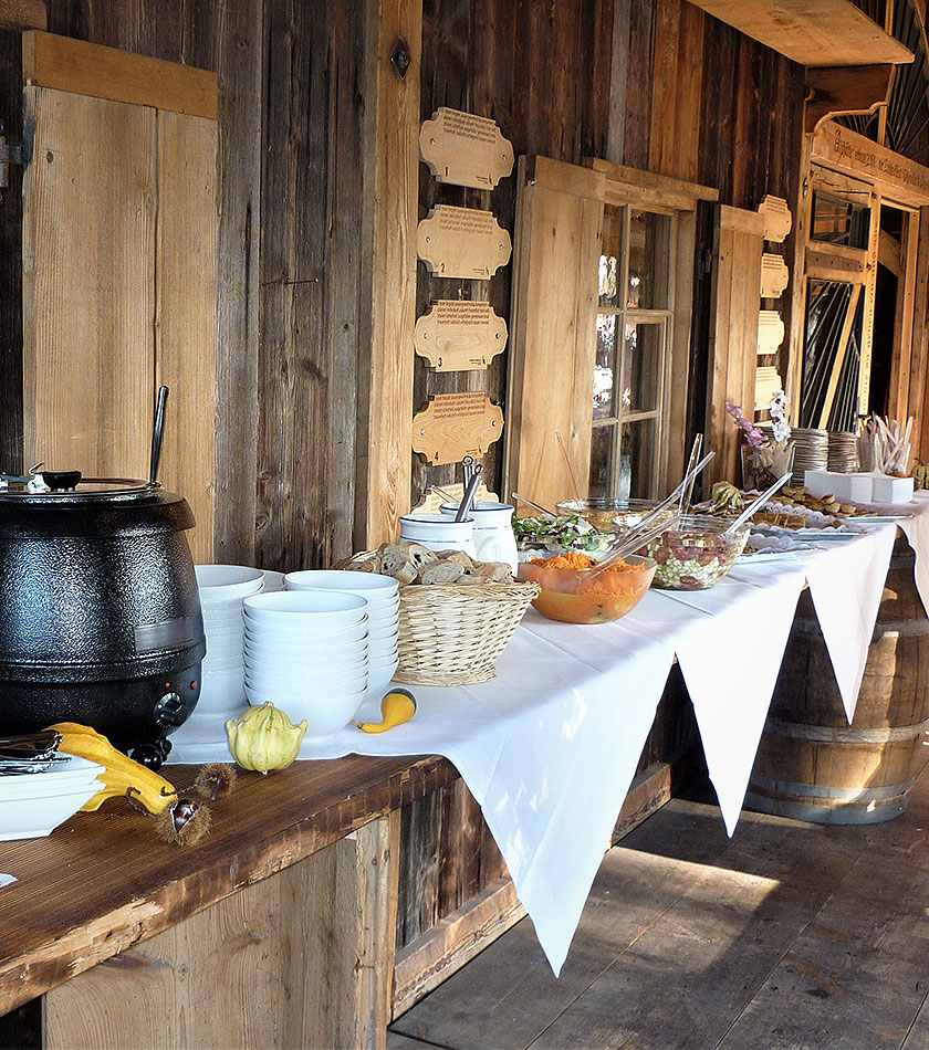 Chez-René Catering - Bild eines Buffets vor einer Holzfassade